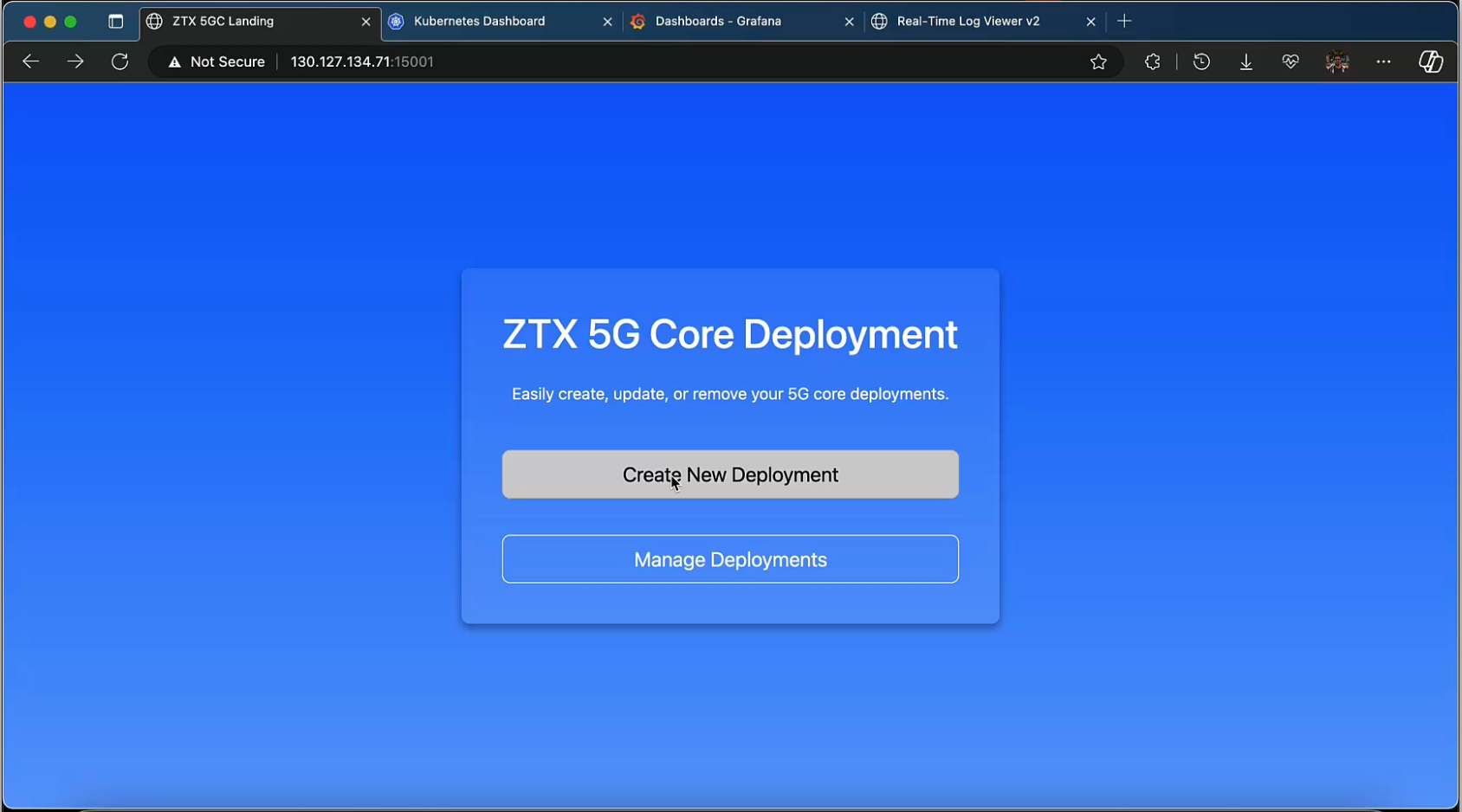 ZTX 5G Core deployment management dashboard