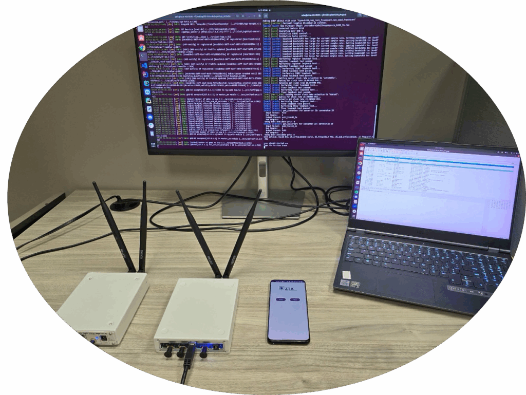 Threat detection lab setup with 5G base stations and monitoring equipment